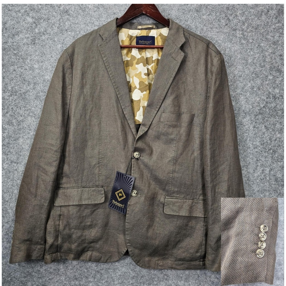 Mens Linen Blazer 44 M Coffee Brown Textured Camo Line Light Summer THELONIOUS C